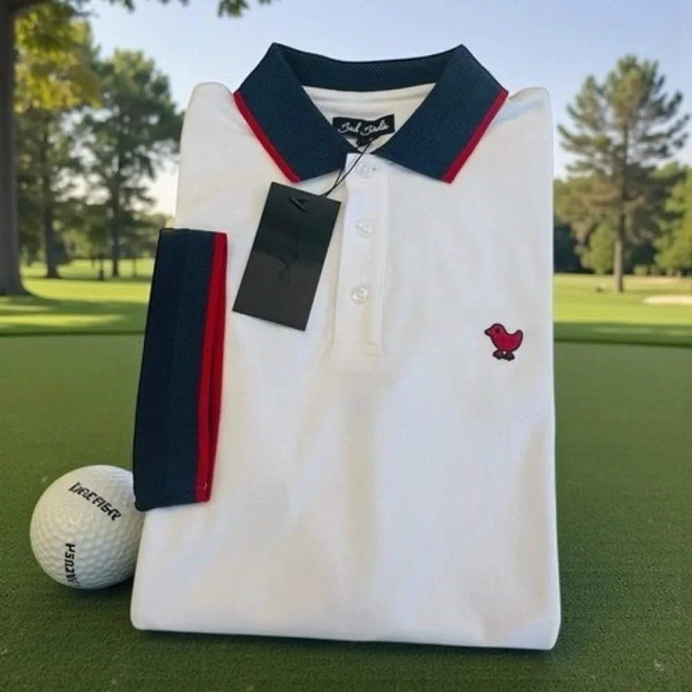 Bad Birdie Mens Golf Polo Shirt XL White Navy Blue Red Trim Performance New